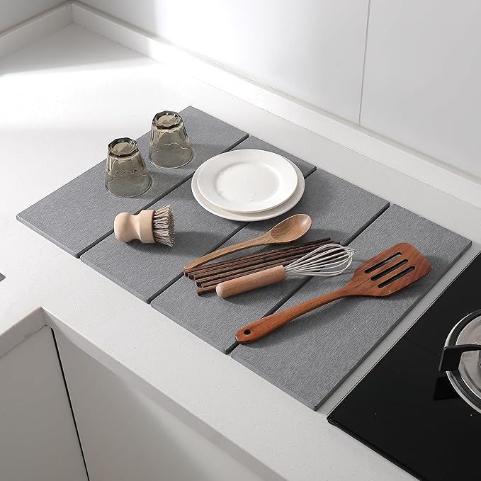 Stone Drying Mat Foldable for Kitchen Counter, Dirt-Resistant Quick Drying Fast Absorbent Non-Slip Diatomite Mat, Natural Diatomaceous Earth Dish Drying Pad for Dish Rack