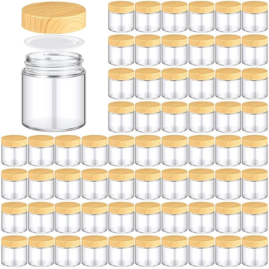 Norme 64 Pcs 4 oz Glass Jars with Lids Empty Small Glass Containers and Inner Liners Reusable Cosmetic Jars Round Airtight Bottles with Plastic Wood Grain Lids for Travel