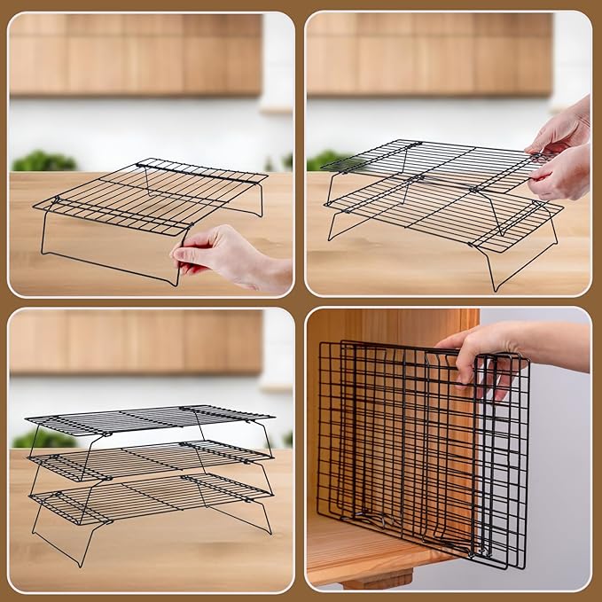 Cooling Rack for Baking 3 Tiers, 16" x 10" Cookie Cooling Wire Rack Stackable Collapsible Nonstick, Stainless Steel Baking Cooking Cooling Racks with Optimum Air Flow, Black