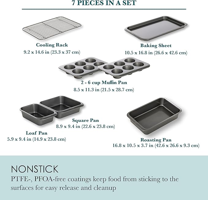 Chicago Metallic 7-Piece Nesting Bakeware Set - Carbon Steel Nonstick Baking Sheet, Loaf Pan, Muffin Pan, Cake Pan, Roaster and Cooling Rack - Space-Saving Kitchen Essentials