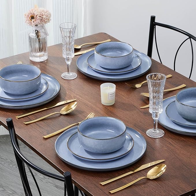 E-far Dinnerware Sets for 6, 18-Piece Plates and Bowls Set, Reactive Glaze Dishes, Stoneware Dinning Ware Set, Microwave & Dishwasher Safe - Ocean Blue