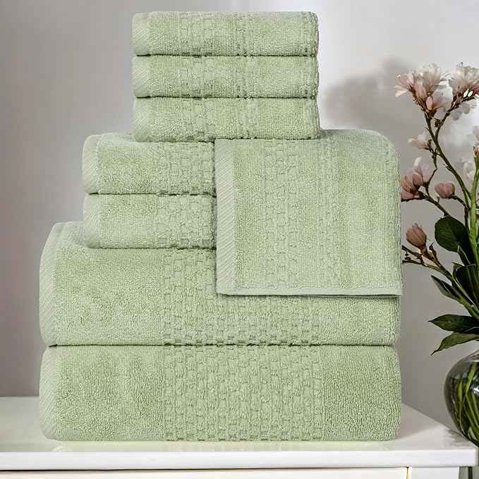 Superior Playa Zero Twist Cotton Medium Weight Towels, for Guest Bath, Bathroom, Shower, Spa, Plush, Quick Dry, Ultra-Soft Towels, Bath Essentials, Waffle Textured, 8 Piece Assorted Towel Set, Green
