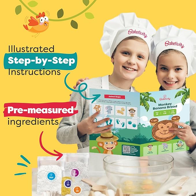 BAKETIVITY Monkey Banana Bread | Banana Cake Kids Baking Set for Girls & Boys | Baking Set for Kids with Pre-Measured Ingredients | Perfect Family Gifts for Cooking Lovers Ages 6-12