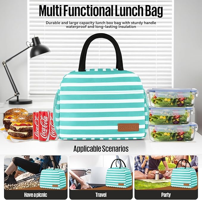 douyadady Lunch Bag Women/Men Lunch Box Women/Men (Baby blue+White Stripes)