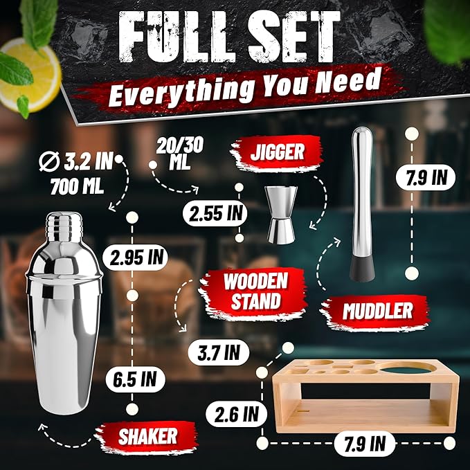Cocktail Shaker Set of 10 – Stainless Steel Mixology Bartender Kit with 10 Accessories, Easy to Clean Bar Tool Set | Wooden Organizer for Home Bar Setup, Great Gift for Cocktail & Drink Enthusiasts