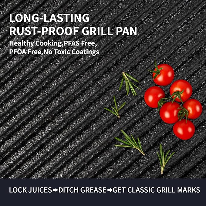 Cast Iron Grill Pan,9.25" Pre Seasoned Skillet with Pour Spouts,Silicone Handle Cover for Indoor and Outdoor Grilling,Durable Oven Safe,Stove Campfire Use(Black)