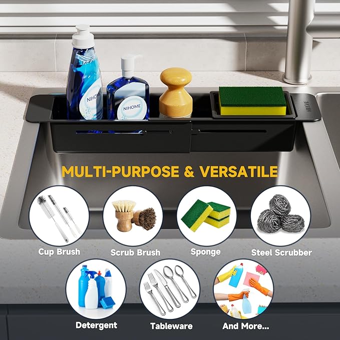 NiHome Extendable Over Sink Kitchen Organizer, Small Telescopic Brush Storage Rack for Sponge, Non-Slip Pads Expandable Sink Caddy, Adjustable Sponge/Brush Rack with Drainage Durable ABS (Black)