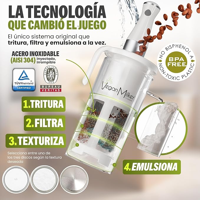 Vegan Milker Mulsi Soul Multifunctional Strainer Filter – Homemade Vegetable Milk, Burmese Tofu, etc. Maximum Emulsion with Interchangeable Discs. 1 Litre in 1 Minute. Ebook Recipes - Made in Spain