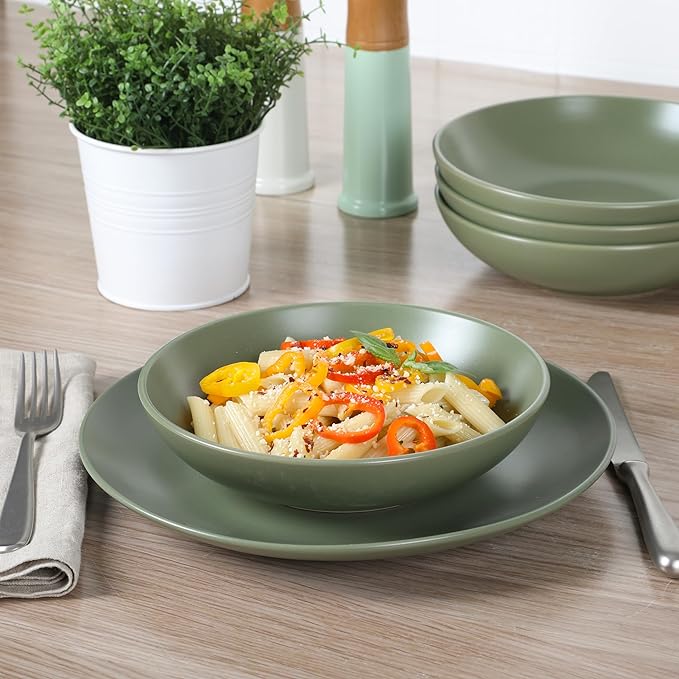 Gibson Home Queenslane 16-Piece Matte Green Stoneware Dinnerware Set – Double Bowl Plates and Bowls, Durable Kitchen Dinner Set