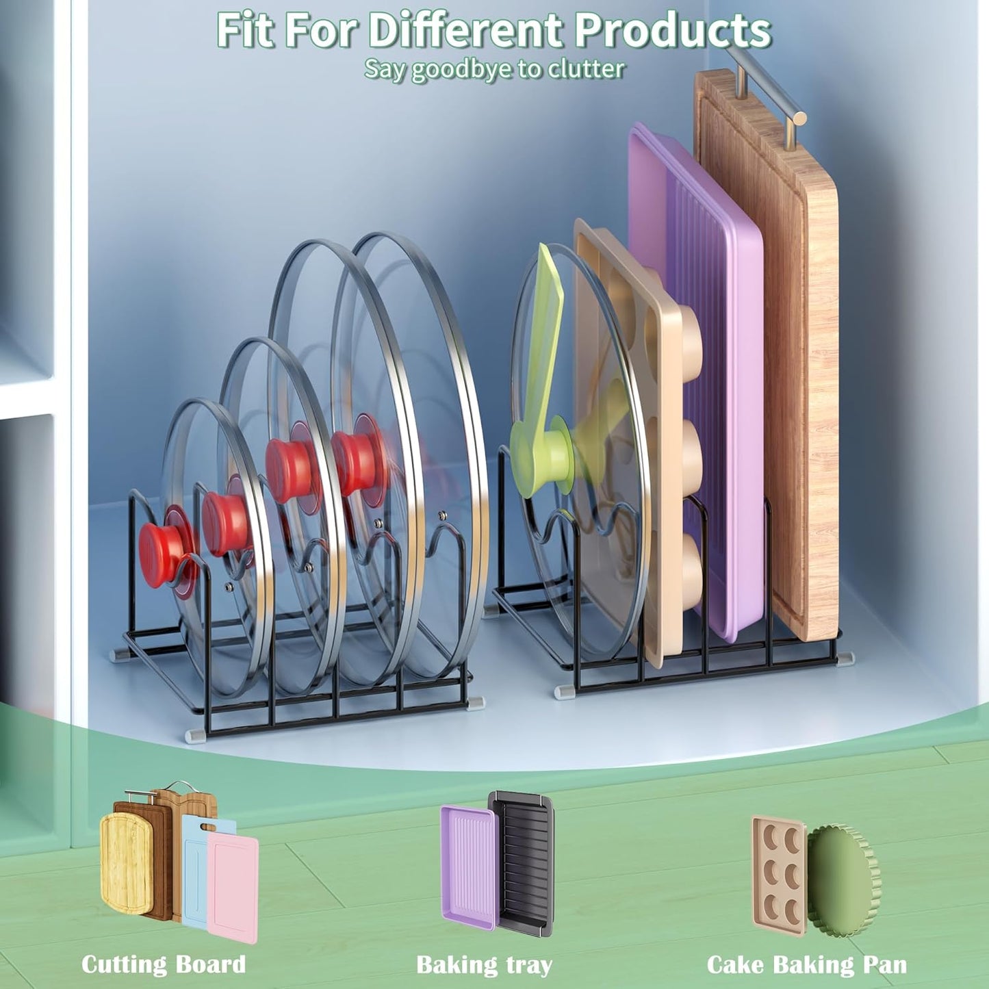 Pot Lid Organizer Rack,1.6in Wide Cutting Board Organizer for Pan Lids,Baking Sheets,Cookie Sheets, with 4 Slots,Cutting Board Holder Rack(2PC-Medium)