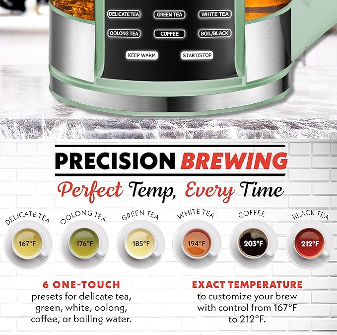 Gourmia Electric Glass Kettle – 1.7L Programmable Tea & Coffee Brewer with Digital Touch Display, 6 Presets, Removable Stainless Steel Infuser, Cordless with 360° Swivel Base, Green