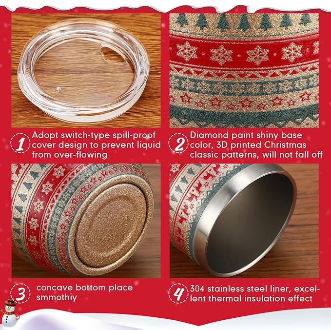 Sliner 4 Pack Pack Christmas Glitter Tumbler Bulk, 12 oz Holiday Wine Tumbler Set Stainless Steel Insulated Sparkling Glitter Cup with Lids Straws and Brushes Travel Mug Xmas Gift (Retro Style)