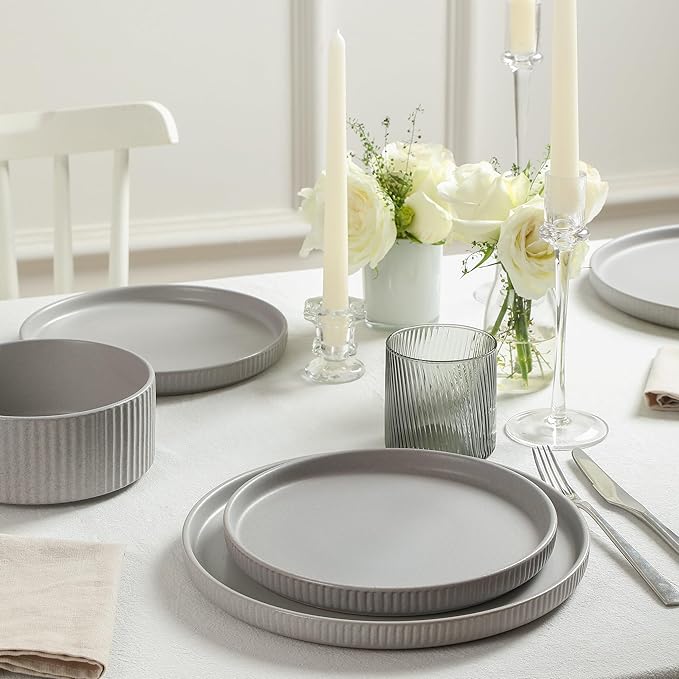 Stone Lain Haven Stoneware 16-Piece Dinnerware Set, Plates and Bowls Sets for 4, Grey Dish Set, Includes Dinner and Salad Plates, Cereal Bowls, Glassware, Microwave & Dishwasher Safe