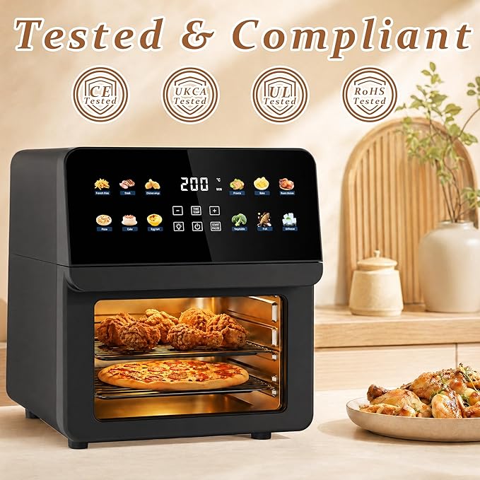 12QT Air Fryer Oven, 8-in-1 Air Fryer Toaster Oven Combo with 8 Presets, Family Size Countertop Oven with 2 Baking Racks & Gloves for Roasting, Baking, and Air Frying, Easy to Clean