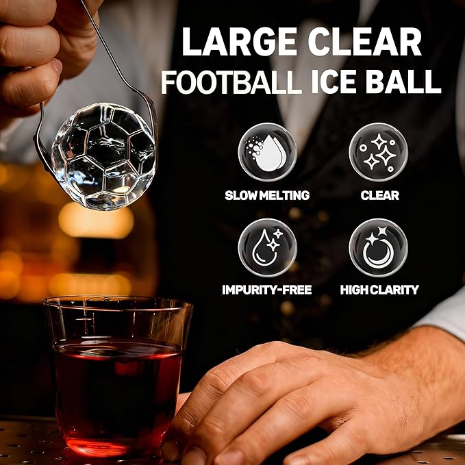 Clear Ice Cube Maker Tray – 2.5 Inch Large Football Ice Spheres Mold, Stainless Steel & Silicone, Slow Melting Crystal Ice for Whiskey, Cocktails, and Home Bar Use (Football-1 Pack)