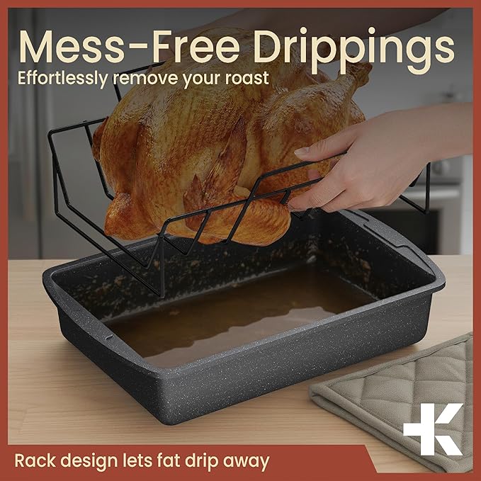 BAKKEN Nonstick Turkey Roasting Pan with Rack – Large Heavy-Duty Carbon Steel Roaster with Wide Handles, Ideal for Roasting, Baking & Grilling, Oven Safe up to 450°F, Gray Marble Finish 17 x 13-Inch
