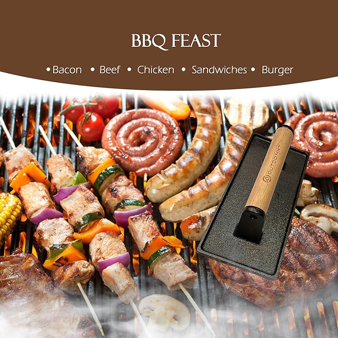 Burger Press Smash Burger Press for Blackstone Griddle Heavy Duty Cast Iron 8.5"X4.3" Rectangular Grill Press Bacon Press with Wood Handle and Silicone Protective Cover