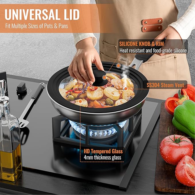 Universal Lids for Pots, Pans and Skillets, 10.5", 11" and 12" Pan Lid, Tempered Glass Pot Lid with Silicone Rim Heat Resistant, Replacement Pan Cover for Frying, Wok, Crock Pot Lid, Black