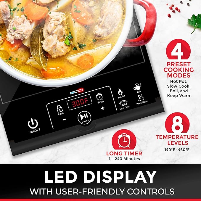 Mueller RapidTherm Portable Induction Cooktop, 1800W Single Burner Hot Plate, 8 Temp Levels, Preset Programs, for Dorm, RV, Small Kitchen