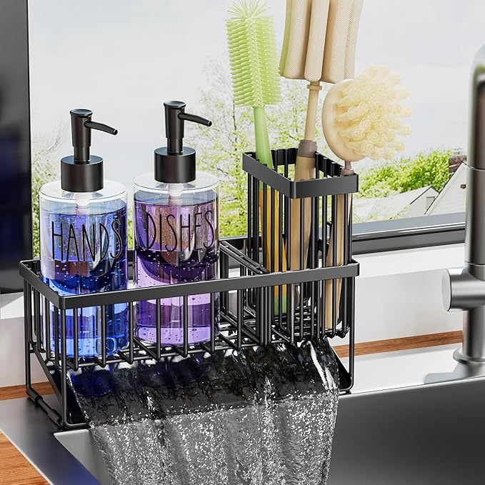 MASADI Kitchen Sink Caddy with Dish Soap Dispenser Set, 12OZ Glass Bottle, Hand and Dish Soap Dispenser Set, Non-Slip Silicone Pad, Brush Holder, Kitchen Sink Organizer Countertop (Black+Clear)