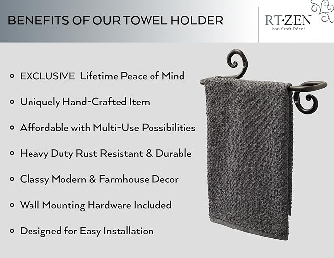 RTZEN Matte Black Hand Towel Holder for Bathroom - Handcrafted Farmhouse Wrought Iron Metal Kitchen Bar - Small Hand Towel Bar Hanger for Home or Office - Wall Mounted Rack Fits 10" Towels