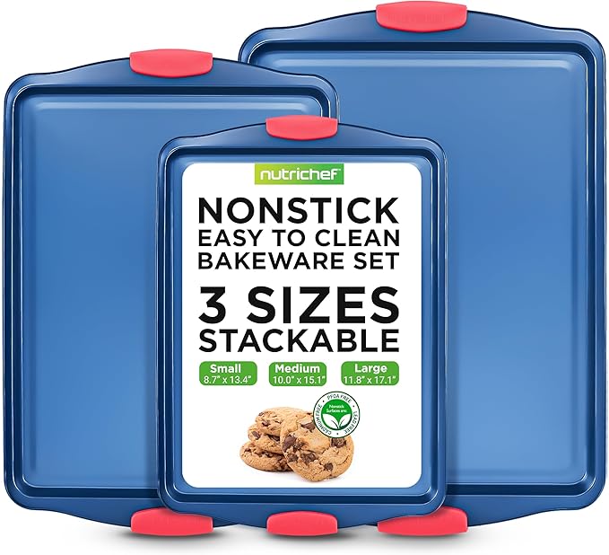 NutriChef Nonstick 3-Piece Baking Pans Set – Carbon Steel Bakeware with Blue Coating Inside & Outside and Red Silicone Handles, Durable and Reliable, Effortless Baking and Easy Cleanup (Blue)
