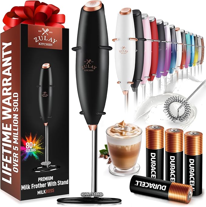 Zulay Kitchen Powerful Milk Frother Wand With 4 AA Duracell Batteries - Ultra Fast Handheld Drink Mixer - Electric Whisk Foam Maker for Coffee, Lattes, Cappuccino, Matcha & Creamer - Black Copper