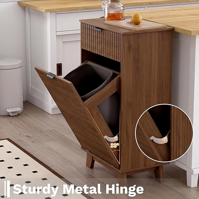 Modern Tilt Out Laundry Hamper Cabinet, 10 Gallon Wooden Trash Can Cabinet with Storage Drawer, Hidden Fluted Bathroom Storage Cabinet for Kitchen, Living Room (Walnut Wood, 20.47"W x 35.83"H x 13"D)
