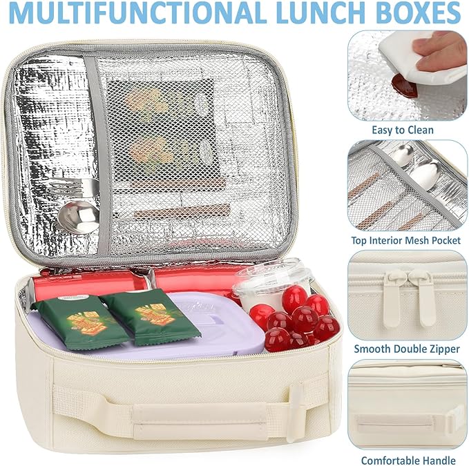 Lunch Box Kids Insulated Lunch Bag for Boys Girls Cute Reusable Lunch Tote Bag Waterproof Portable Thermal Lunch Box Kids for School Picnic Travel Beige