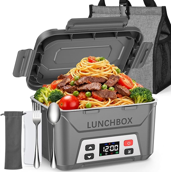 EAST OAK Heated Lunch Box for Men, Electric Lunch Box for Adults, 5.5 Cups Cordless Portable Food Warmer, Rechargeable Self Heating Food Heater with Memory Function, Automatic Keep Warm(Grey)