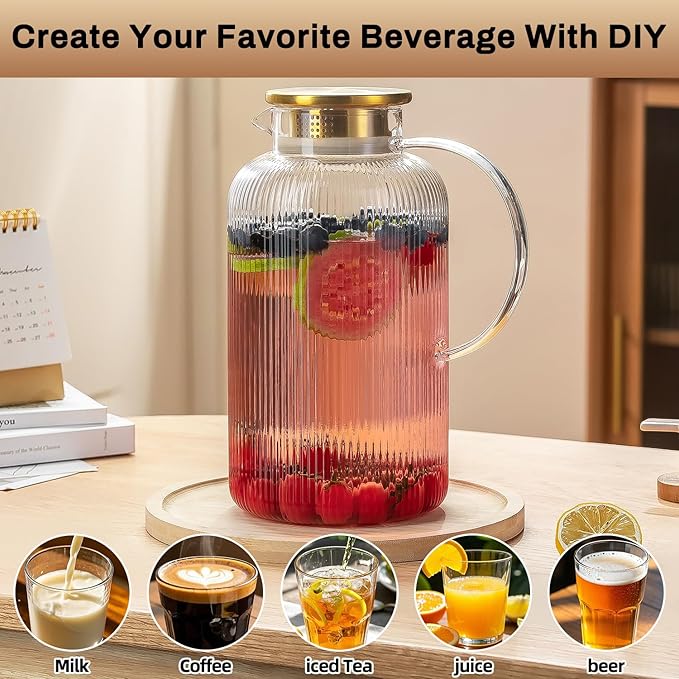 Buaic Glass Pitcher with Lid, 100 oz/ 3 Liter Classic Vertical Stripes Water Pitcher,Glass Water Carafe for Cold Brew, Coffee, Lemonade, Iced Sun Tea,Beverage, Milk, Heat Resistant
