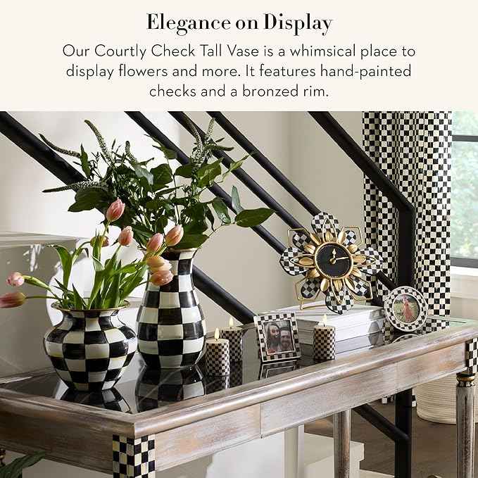 MACKENZIE-CHILDS Tall Enamel Vase, Unique Flower Vase, Decorative Table Decor for Living Room, Black-and-White Courtly Check