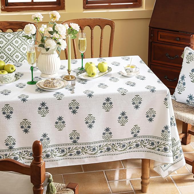 ISAENNE Designer White Linen Table Cloth for Rectangle Table,Chinoiserie Floral Elegant Indoor Tablecloth,Fall Stain Proof Decor Tablecloths for Dining Thanksgiving Kitchen,55"*79"-Mosella F
