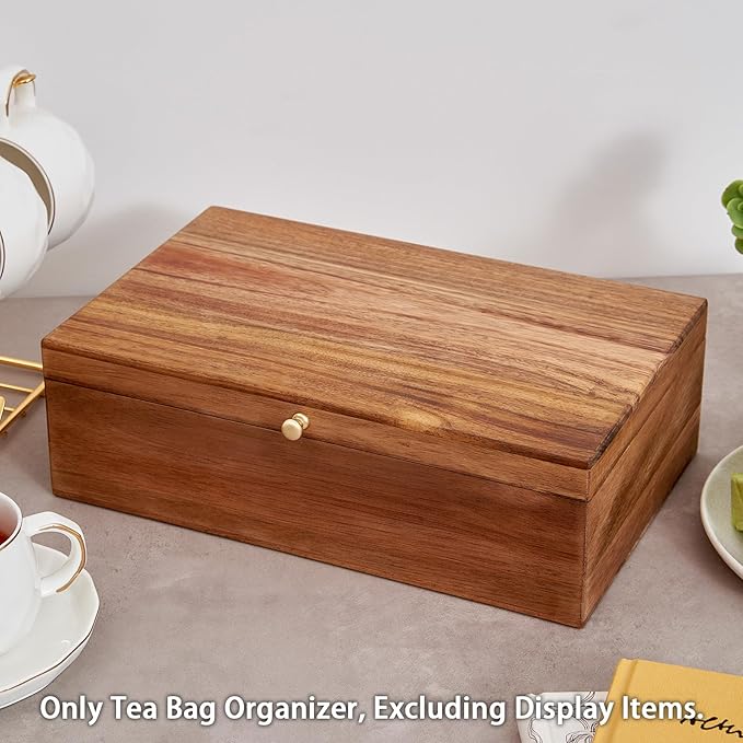 SARUFO Acacia Wood Tea Bag Organizers, Tea Packet Storage Boxes, 8-Compartment Tea Caddy for Tea Bags Chest, Teabag Holder Containers, Teabox Station Display