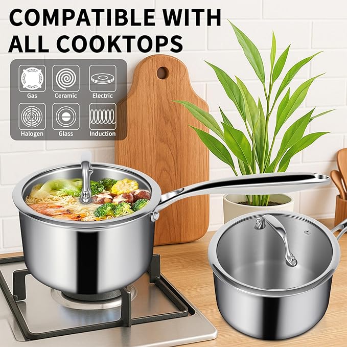 EWFEN 3 Ply Stainless Steel Saucepan with Lid, 3 Quart Multipurpose Cooking Pot, Stay-Cool Handle, Induction Oven Dishwasher Safe, 3 QT