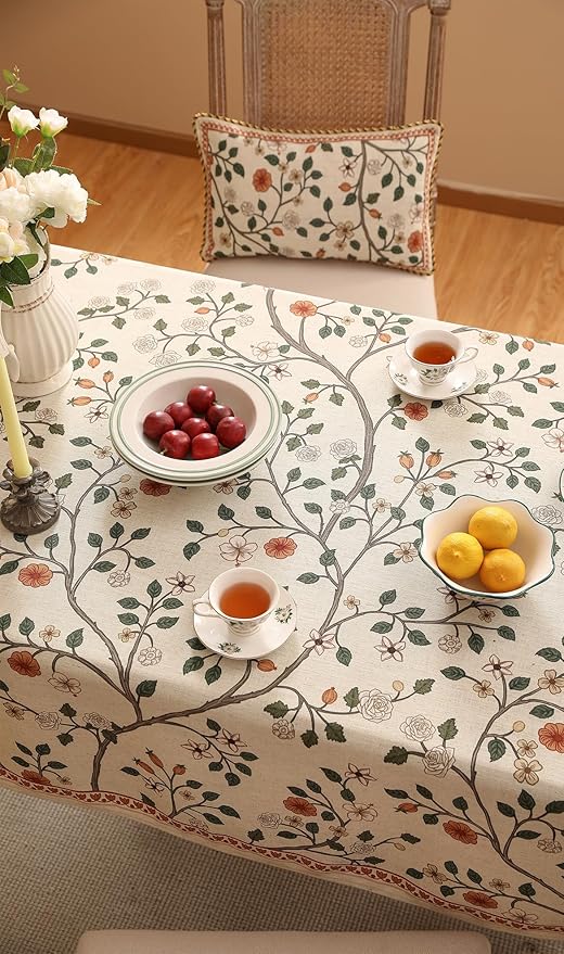 ISAENNE Designer Floral Small Rectangle Tablecloth,French Linen Light Beige Indoor Table Cloth,Fall Wrinkle Resistant Decor Tablecloths for Dining Thanksgiving Kitchen,55"*71"-Flora A