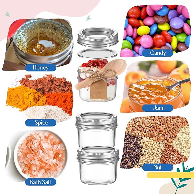 Baderke 20 Set Mini Mason Jars with Wood Spoon 4 oz Mini Jam Jars with Lids and Labels, Small Glass Canning for Jelly Spice Herbs Honey Storage Bridal Shower Wedding Favors DIY Candles(Silver)