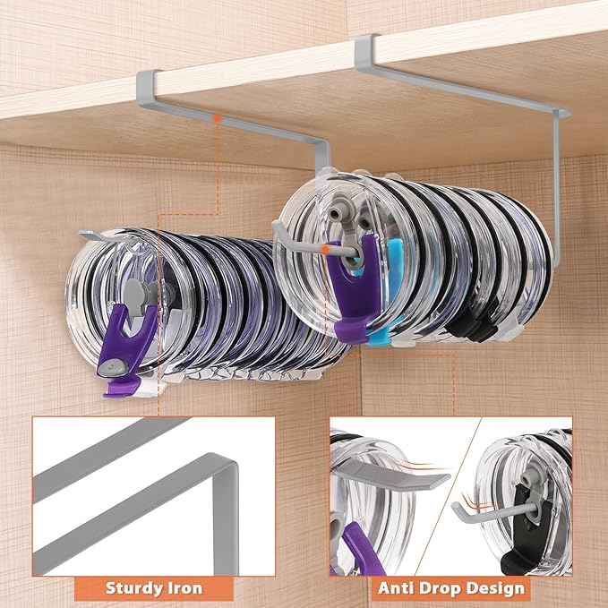 2 Pack Tumbler Lid Organizer, Horizontal Tumbler Lid Storage Hook Up to 20 Lids, Space Saving Cup Lid Holder Under Cabinet Tumbler Lid Hook for Kitchen Organizer, Paper Towel Hanger(Round&Flat, Grey)