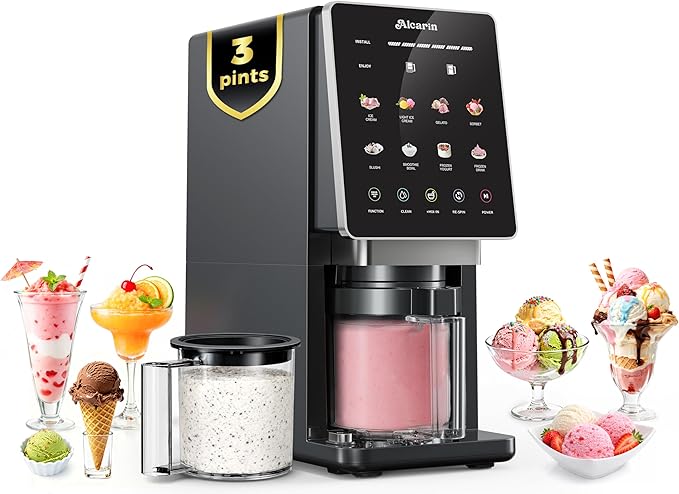 Alcarin Ice Cream Maker with 3 Pints(Not Freezer) Homemade Slushie Gelato Yogurt Sorbet Frozen Treat Machine 10 Pre-set Program Respin & Mix-in