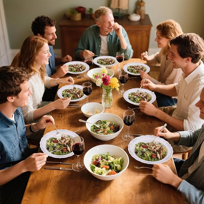 DaYammi 30 Pack Plastic Bowls with Silver Rim, 12oz Disposable Soup Bowls, Heavy Duty Dinner Bowls for Weddings, Parties, Dinners, Catering and Everyday Use