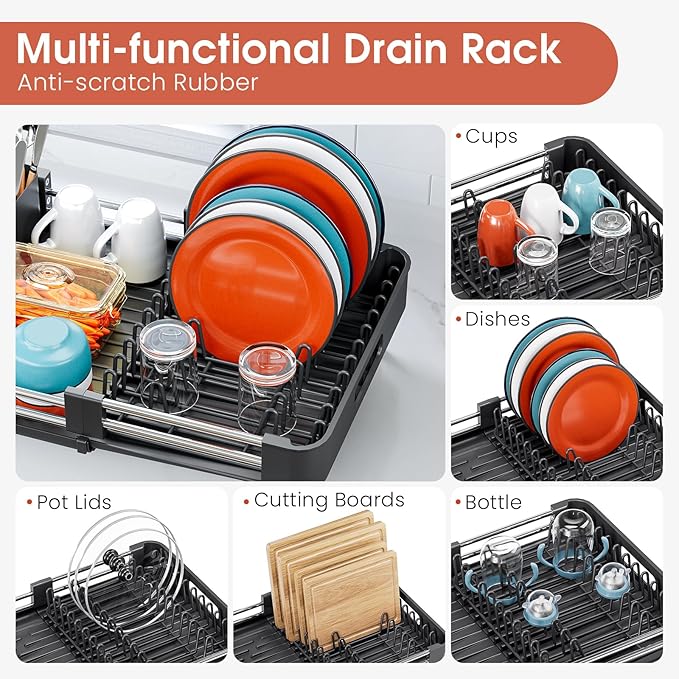 TOOLF Dish Drying Rack, Expandable Dish Rack for Kitchen Counter, Anti-Rust Dish Drainer, Sink Organization and Storage Essentials with Cutlery & Cup Holder, Black