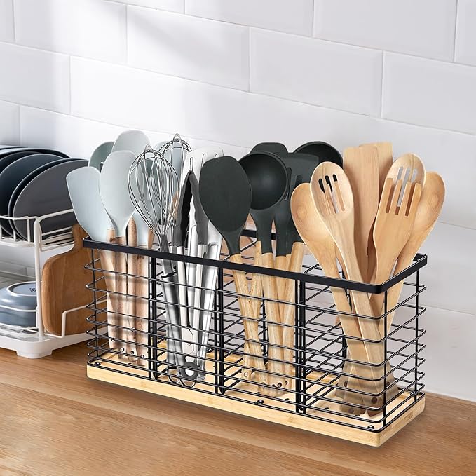 Suli Extra Large Kitchen Utensil Holder Countertop with 4 Compartments,Matte Black Metal holder with Wooden Base for Countertop,Farmhouse Utensil Organizer for counter,Rustic Cooking Utensil Organizer