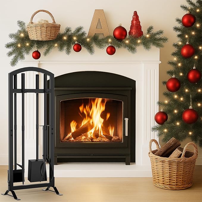 6 Pcs Fireplace Tools Set with Log Carrier, HXJLJY 34" Fireplace Accessories Sturdy Fire Tool Set Holder with Fire Poker Brush Shovel Tong Stand for Indoor Fireplace Outdoor Fire Pit Wood Stove, Arch