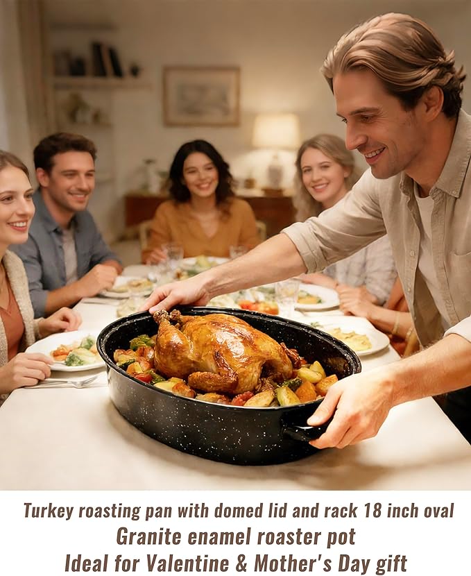 Roasting Pan with Lid & Rack 18 Inch Extra Large Deep Oven Baking Pot, Enamel Granite Non-Stick Oval Carbon Steel Pot for Turkey Chicken Ham Steak Non-Toxic for Mother Day Gift Roaster Pan