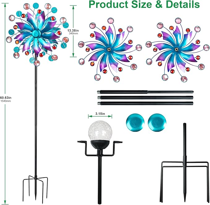 Solar Wind Spinner for Yard and Garden – 61 Inch Outdoor Metal Kinetic Sculpture with Multi-Color LED Glass Ball Light – Waterproof Windmill Stake for Patio, Lawn, and Pathway Decoration (Blue)