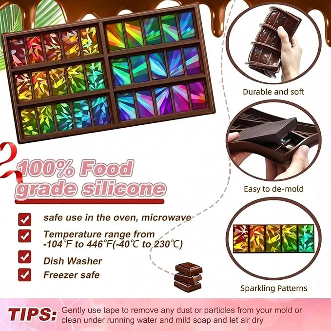 Ziliny Windmill and Diamond Holographic Chocolate Bar Mold Silicone, Rainbow Light Effect Chocolate Bar Deep Thick Molds for DIY Candy Dessert Baking, Candy, Wax Melts, Cake Decoration (Rectangle)