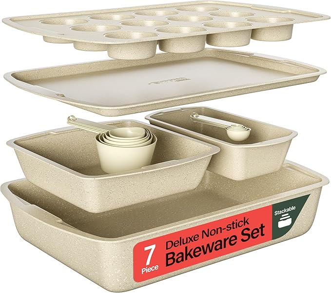 Stackable Baking Pan Set - Deluxe Nonstick White Marble Coating, Carbon Steel Bakeware Sets, PFOA, PFOS, PTFE Free, Recipe Booklet Included, Oven Safe (Up to 450°F), Set of 7 - White