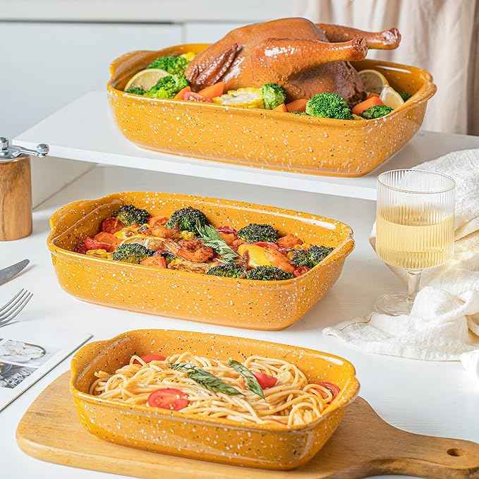 Ceramic Baking Dish Set of 3, Casserole for Oven,Rectangular Bakeware Dishes with Handles,Lasagna Pan Deep,Handcraft Speckle Stoneware Series (13.8''/12''/9.6''Orange)