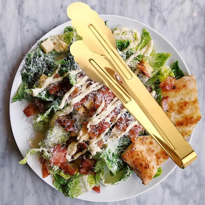 9 Inch Gold Cooking Tongs Set of 4, Stainless Steel Bread Salad Food Tong Serving Utensils for Buffet, Kitchen