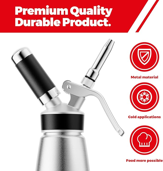Professional Aluminum Whipped Cream Dispenser - 1000 mL/2 Pint,Leak-Free Whipped Cream Maker Canister with 8 Decorating Nozzles & Cleaning Brush - N2O Chargers (Not Included) (Silver, 1000ml)